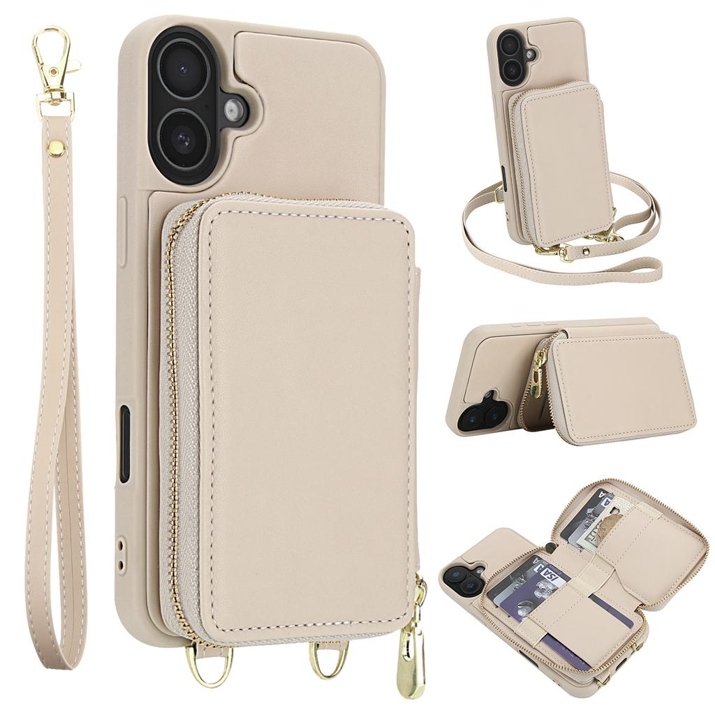 For iPhone 16 Plus Case RFID Blocking Zipper Wallet Leather + TPU Phone Cover with Shoulder Strap