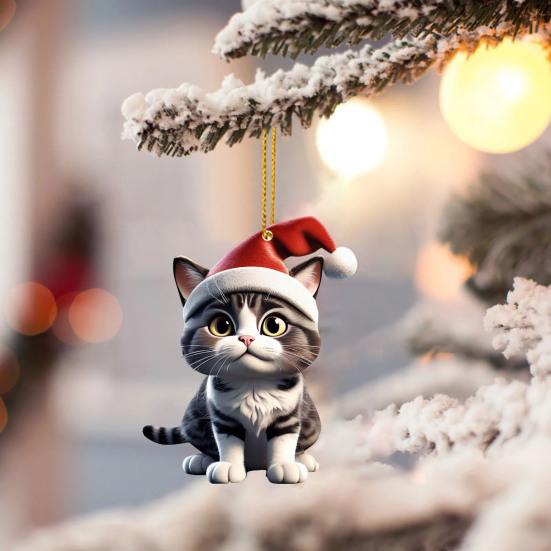 Christmas Cat Ornament 2D Acrylic Cute Cat Xmas Tree Pendant