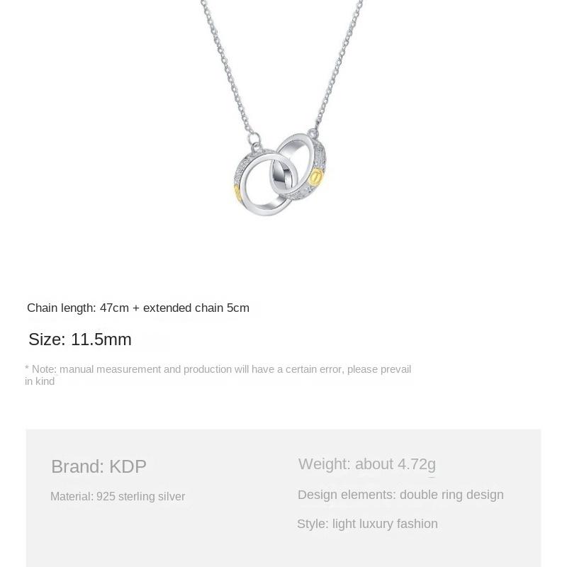 S925 Sterling Silver Double Ring Gold Tang Grass Pattern Pendant Necklace Light Luxury Women's Fashion Simple Elegance Versatile Senior Design