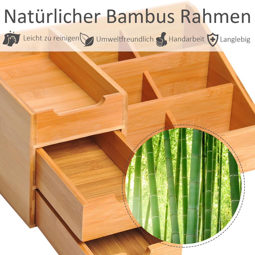 Desk Organiser Holder, Bamboo Multi-Function Storage Caddy with 7 Storage Compartments and 2 Drawers for Home Office Stationary Supplies