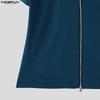 INCERUN Summer Men Stand Neck Short Sleeve Zipper Splits Fitted Casual Tops T-shirts