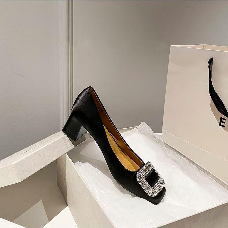 Women's 2025 Spring/Autumn Square Toe Rhinestone High Heels with French Satin Buckle