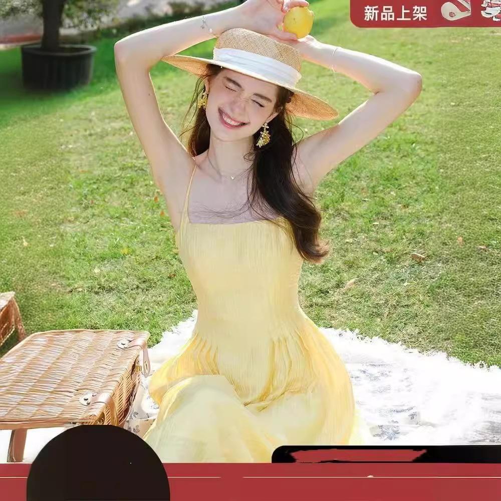 French Backless Sexy Yellow Suspender Dress Summer New Waist Strip Waist Slim Skirt