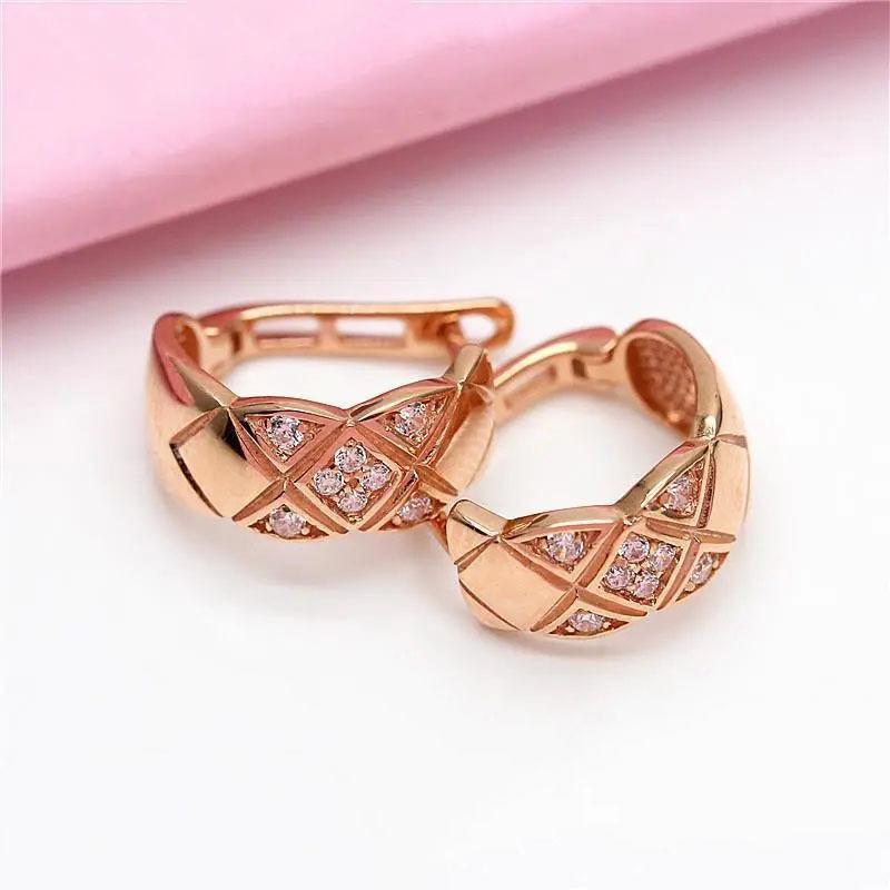 Exquisite Russian 585 Purple Gold Luxury Micro-Inlaid Opal Rhombus Ear Buckle Exquisite Rose Gold-Plated Colored Gold Earrings