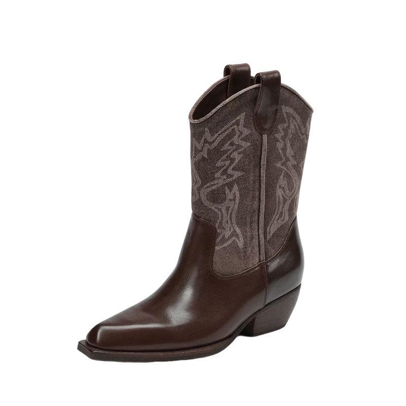Cai Wenjing and Zhang Yuxi Have the Same Square-headed Thick-heeled Western Cowboy Boots for Women's 2025 Autumn New Thin Retro Short Boots
