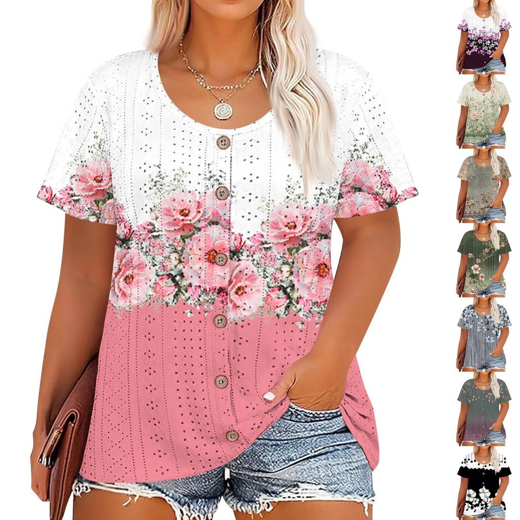 Plus Size Women's Fashion Casual Vintage Printed O-Neck Short Sleeve Button T-Shirt Top