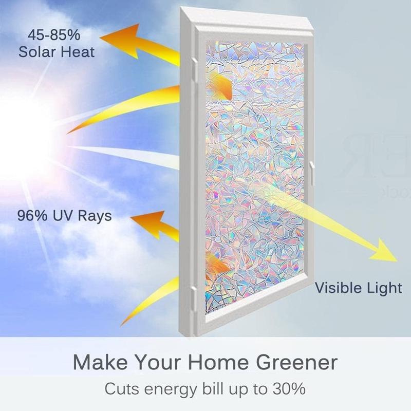 3D Rainbow Window Privacy Film with Installation Tools, Static Cling, Heat Control, Anti UV, 17.5x78.7 Inches