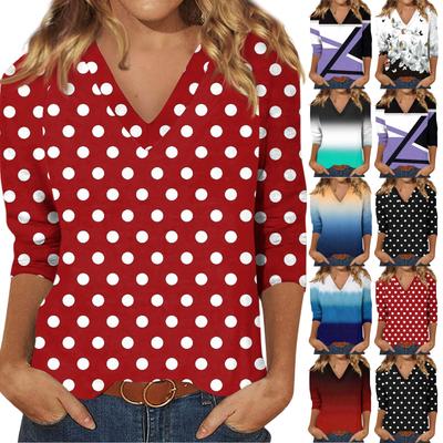 Women's Casual And Fashionable Flower Printing V-Neck Top With Seven Quarter Sleeves