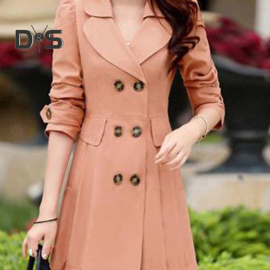 Fall Winter Women Jacket Double Breasted Lapel Mid Length Solid Color Pleated Long Sleeve A Line Tight Waist OL Commute Style Lady Jacket Trench Coat