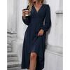 Polyester V Neck Lantern Sleeve Pleated A Line Dress For Autumn Winter Fashion