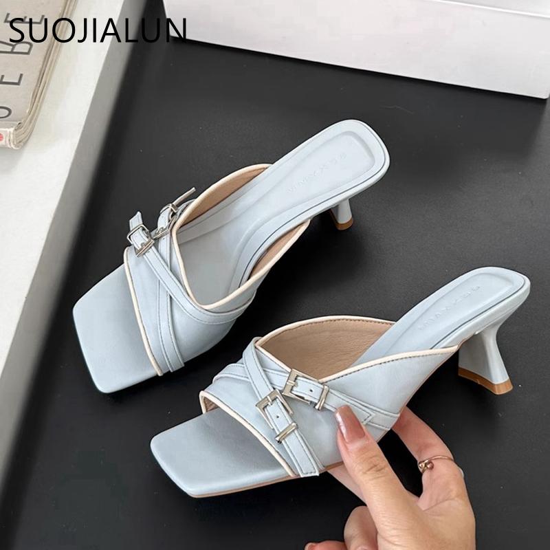 Fashion SUOJIALUN 2025 New Brand Women Slipper Fashion Square Toe Slip On Ladies Elegant Slides Square High Heel Outdoor Dress Sandal