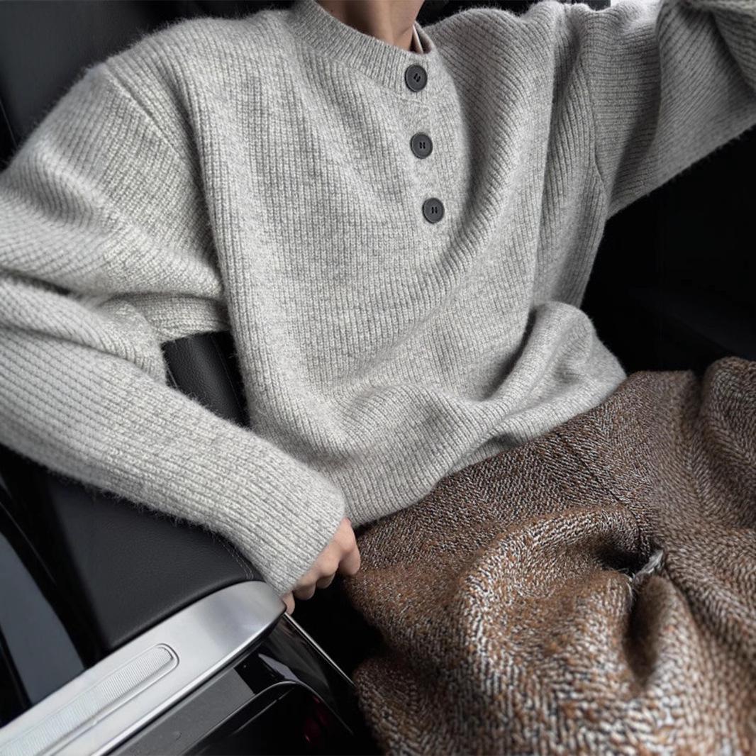 Premium Lazy Henley Collar Men s Sweater - Autumn/Winter Korean Trendy Brand Design, Soft Knit Pullover XL