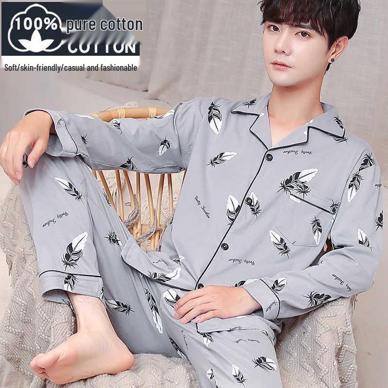 Men's 100% Cotton Long Sleeve and Pants Pajama Set - Plus Size, Spring/Autumn, Loose Fit, Two-Piece Home Wear