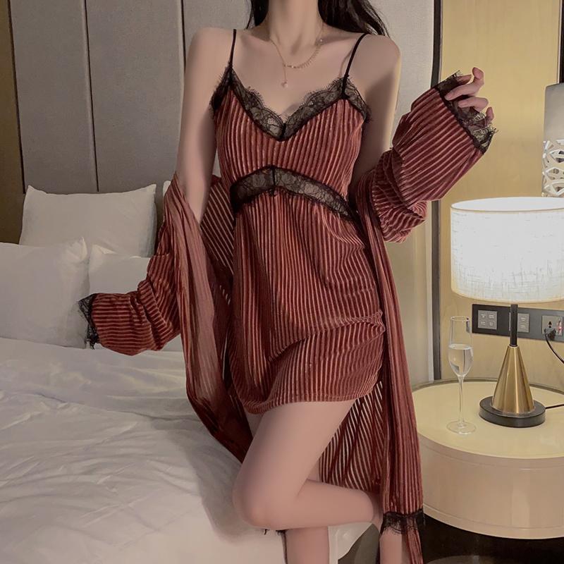 Seksowna piżama dla kobiet na jesień i zimę aksamitna koronkowa koszula nocna w paski z podwiązkami sznurowana koszula nocna dla kobiet