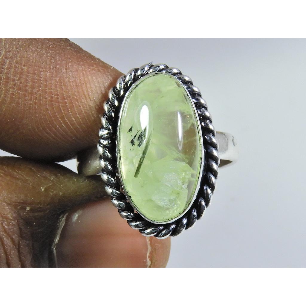 Natural Prehnite 925 Solid Sterling Silver Ring Size US-7.5 PG-121