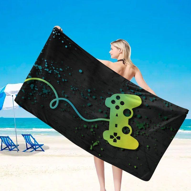 

1pc Microfiber Beach Towel - Black with Green Game Controller Design, Perfect for Summer Fun, Gym & Beach Use, Gym Towel | Moder W30*H60(CM)