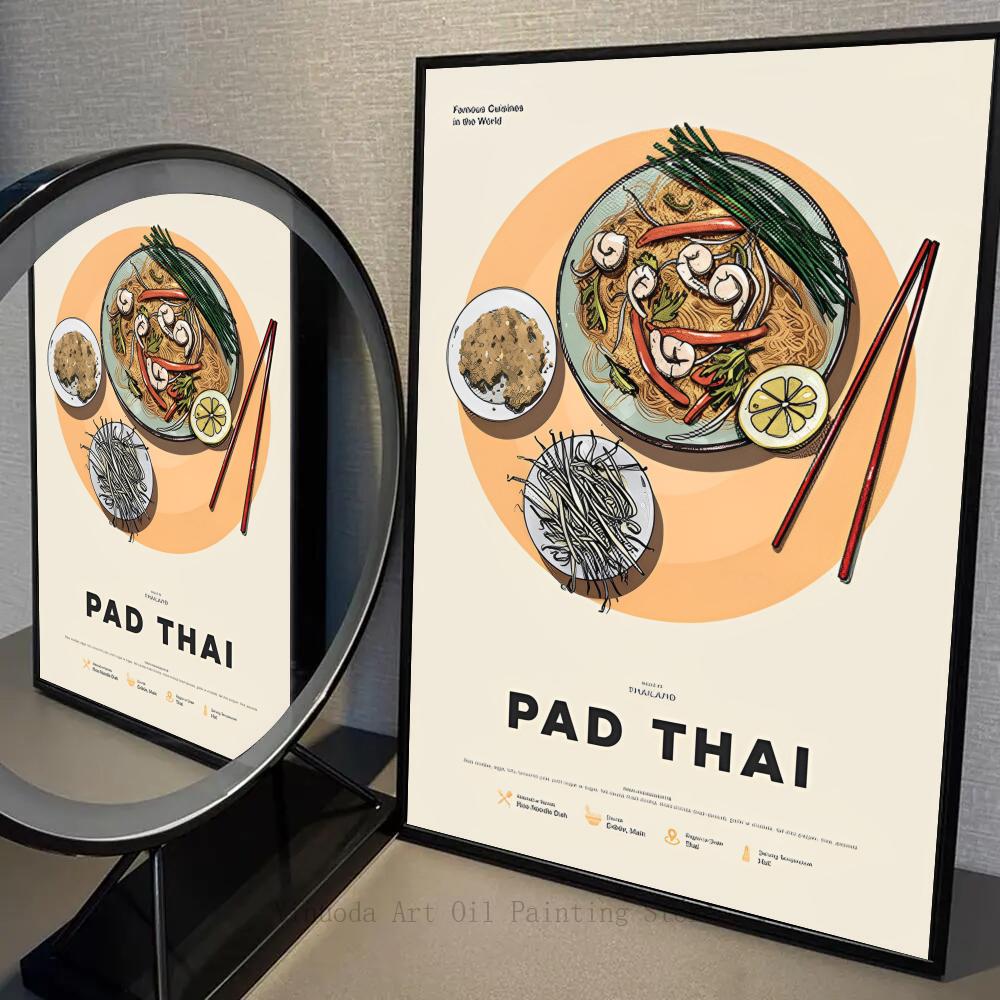 1PC Japanese Style Thai Noodle Abstract Food Poster Self-adhesive Art Waterproof Paper Sticker Coffee House Bar Room Wall Decor