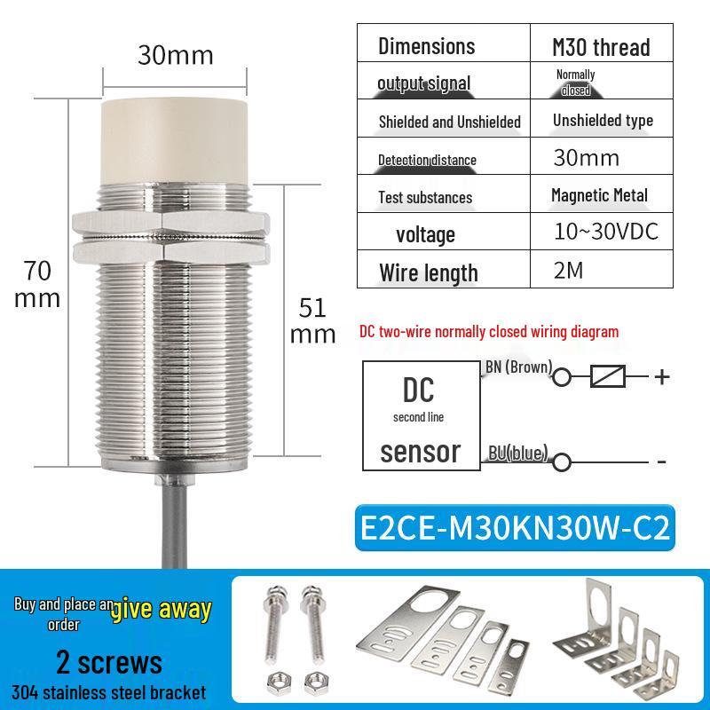Waterproof Inductive Proximity Switch, Two-Wire, M8/M12/M18/M30, NPN NO/PNP NC