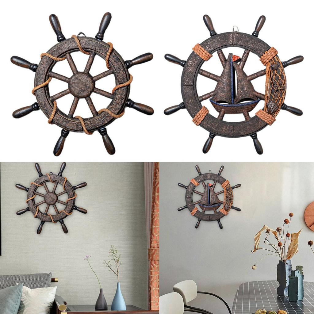 Wall Art Decor Nautical Wheel Wall Sculpture Wooden Ship Steering Wheel Boat Rudder for Club Living Room Bar Fireplace Farmhouse