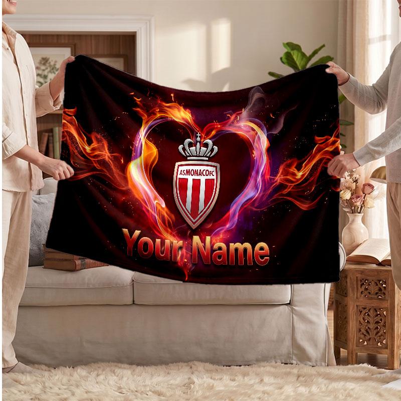 Monaco FC Personalized Fleece Blanket With Football Logo, Custom Name Text Soft Warm Home Throw Blanket