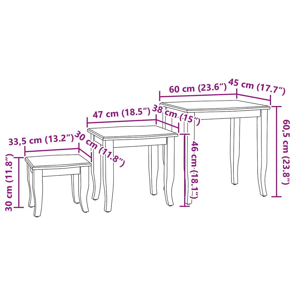 Nesting Side Tables Set 3 pcs Natural Solid Mahogany Wood