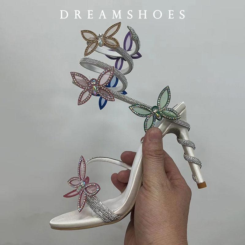 2025 Sexy CRYSTAL Flower Thin High Heels Women Sandals Street Style Narrow Band Ankle Strap Pole Dancing Ladies Shoes