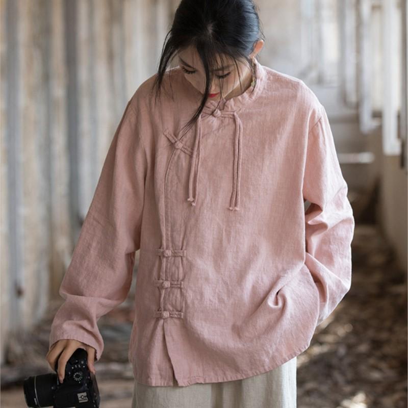 Women Chinese Style Stand Shirts Spring Solid Color Button Blouses Long Sleeve Vintage Ramie Cotton Shirts