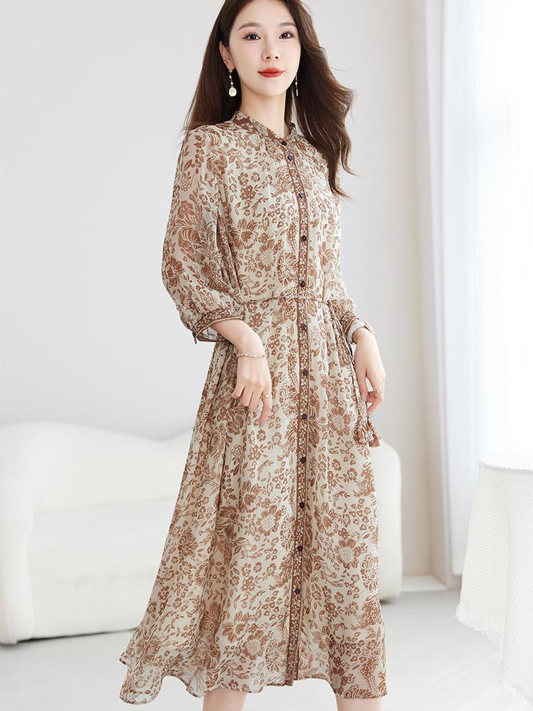 Abito Maxi Estivo Sottoveste Giorgio Stampato Scollo a V 100% Seta di Gelso per Donna