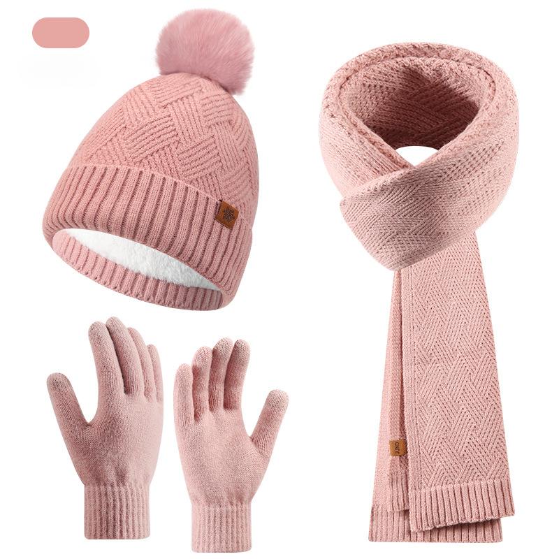 

Вязаная шапка, шарф и перчатки набор из трех предметов для женщин, осенне-зимняя уличная теплая двухслойная шерстяная вязаная шапка