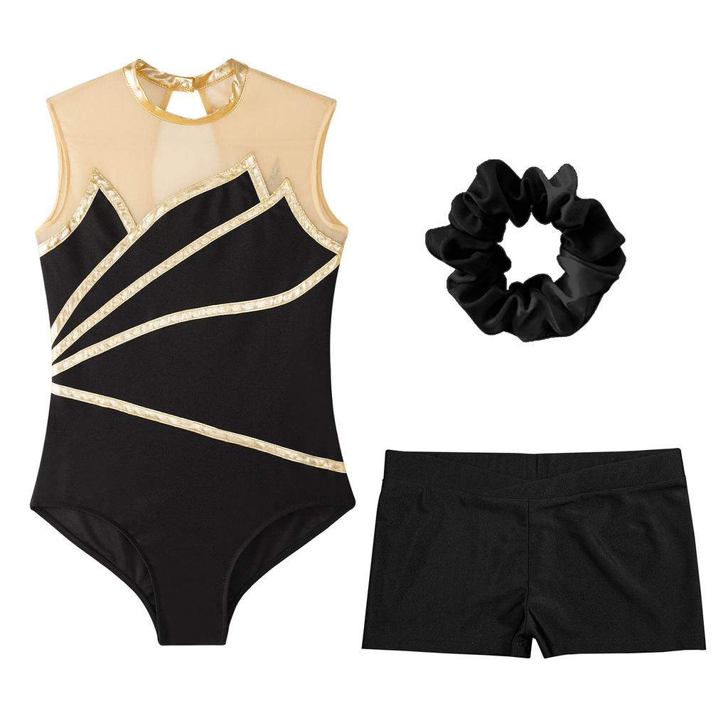 Set Sportiv Fete Body Patchwork Design Spate cu Gaura Pantaloni Scurți Bandă pentru Cap Costum Practică Sală