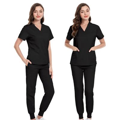 2Pcs/Set Men Women Hospital Uniform Set V-neck Short Sleeve Side Split Tops Elastic Drawstring Waist Jogger Pants Set Multi Pockets Hospital Dental