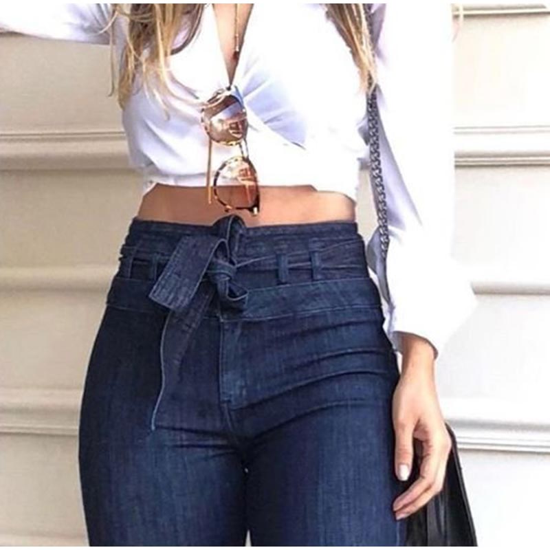 Women Jeans Solid Color High Waist Flare Pants Zipper Fly Flat Pockets Streetwear Slim Patchwork Button Slight Strech Belt