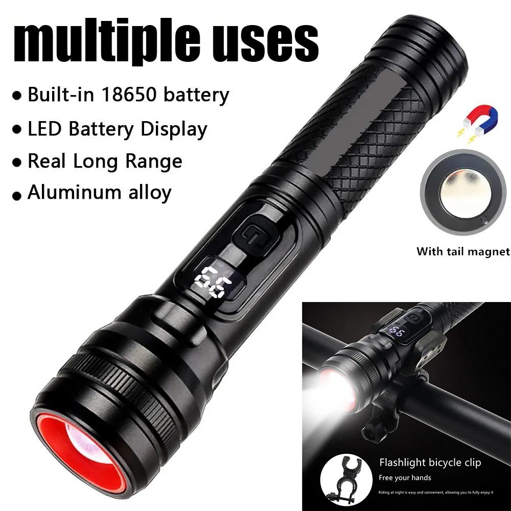 High Power Spotlight Long Range LED Flashlight Built-in 18650 Battery Aluminum Alloy With Tail Magnet For Cycling Camping