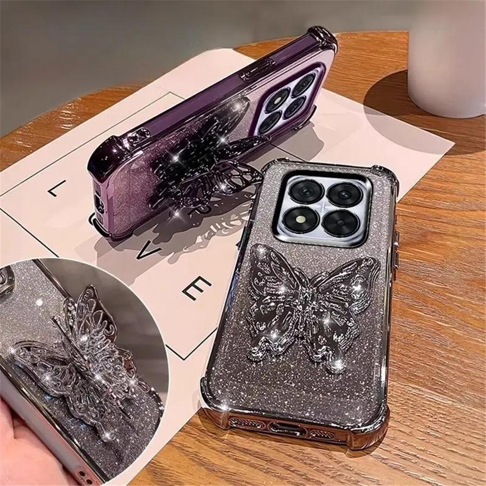 Pearl Bracelet Butterfly Stand Phone Case For Xiaomi Redmi Note 14 Pro 13 14 Pro Plus 14S 4G 5G Glitter Shockproof Silicon Cover
