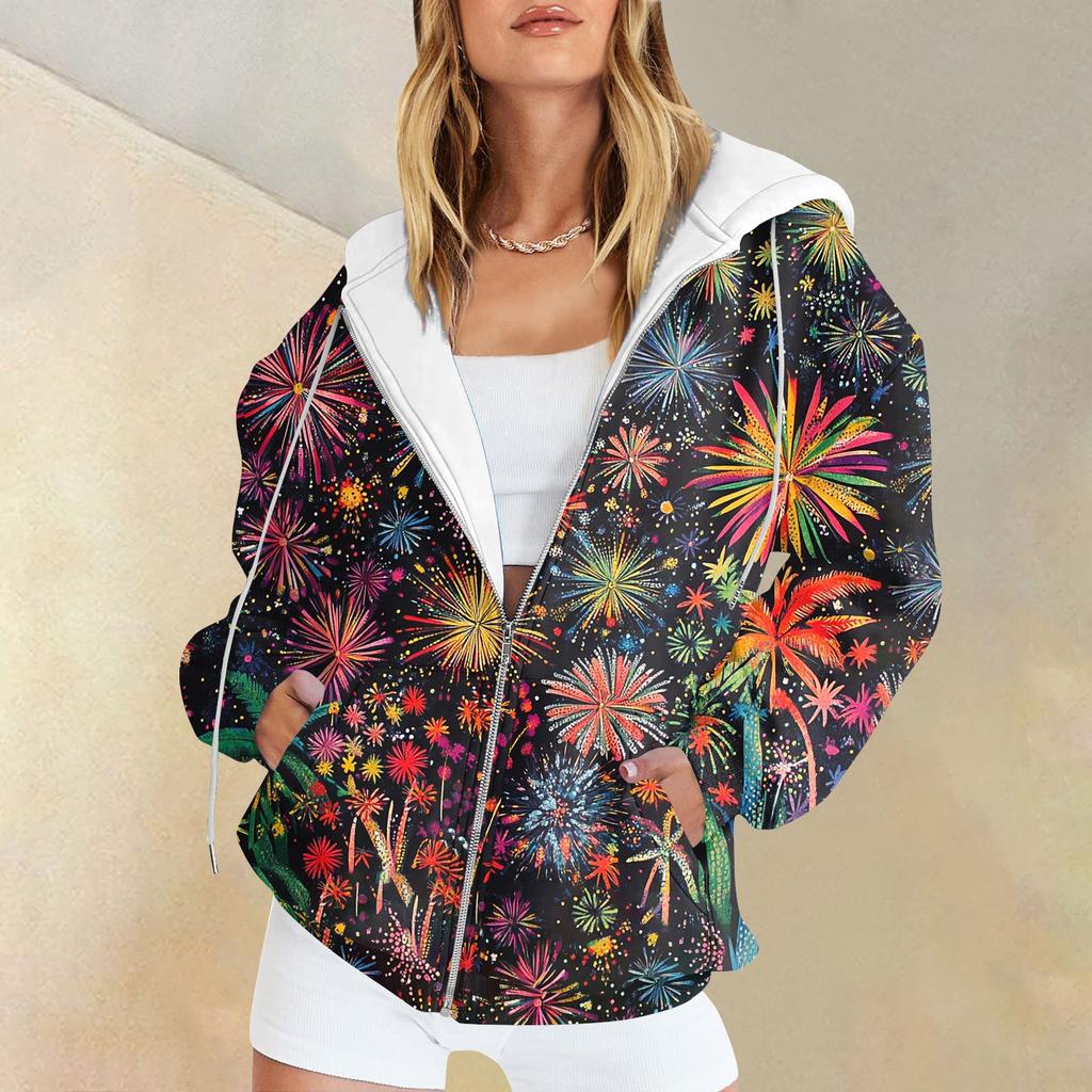 Women's Christmas Printed Sweatshirt  Winter Long Sleeve Cardigan Jacket With Pockets Zipper Hoodie Outerwear