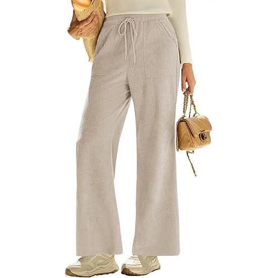 2026 High Waist Lace-Up Corduroy Barrel Pants with Pockets - Wide Leg, Casual, Elastic Long Pants