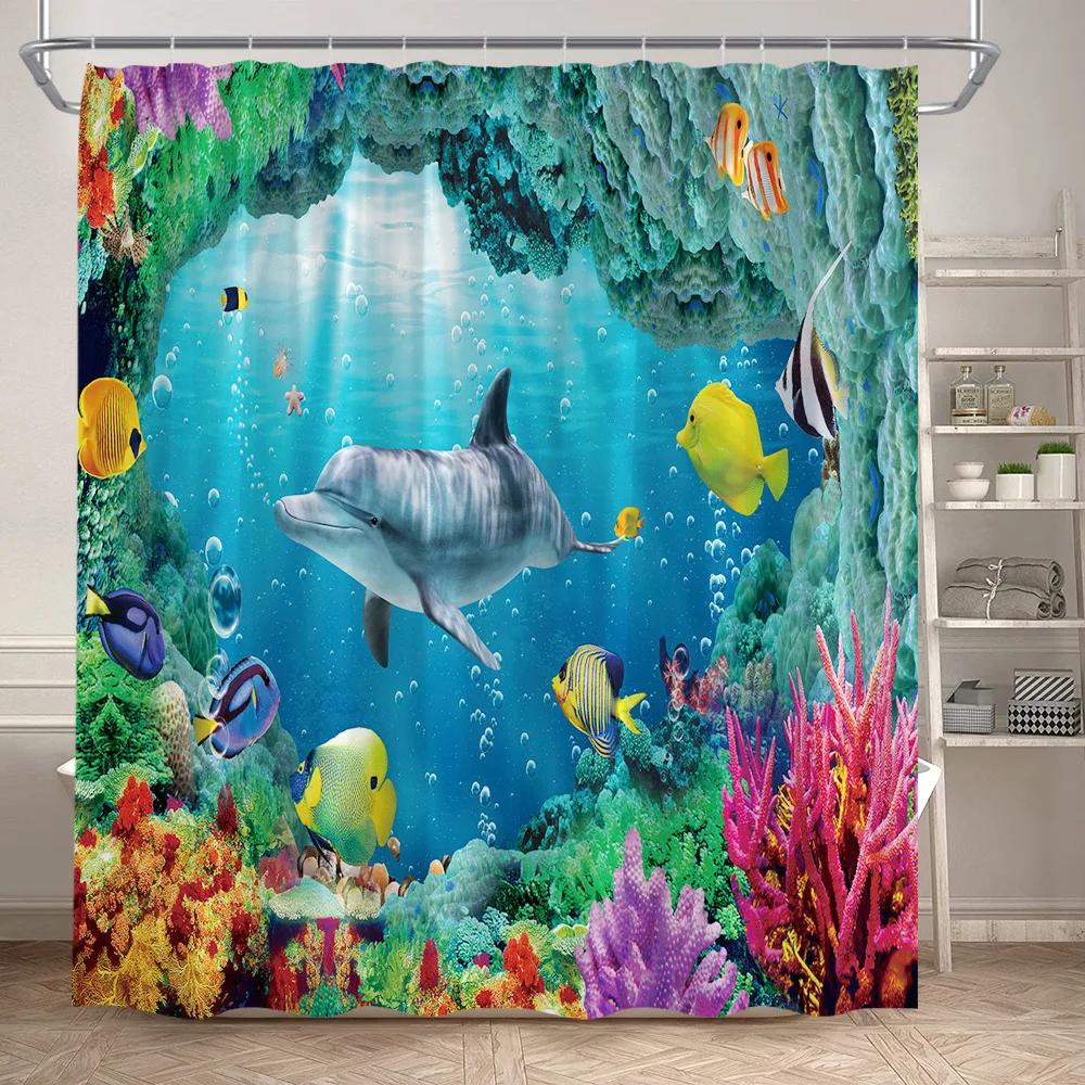 VIKAMA Underwater World Theme Shower Curtain - Waterproof and Mold-Resistant Bathroom Partition Curtain for Home Decoration