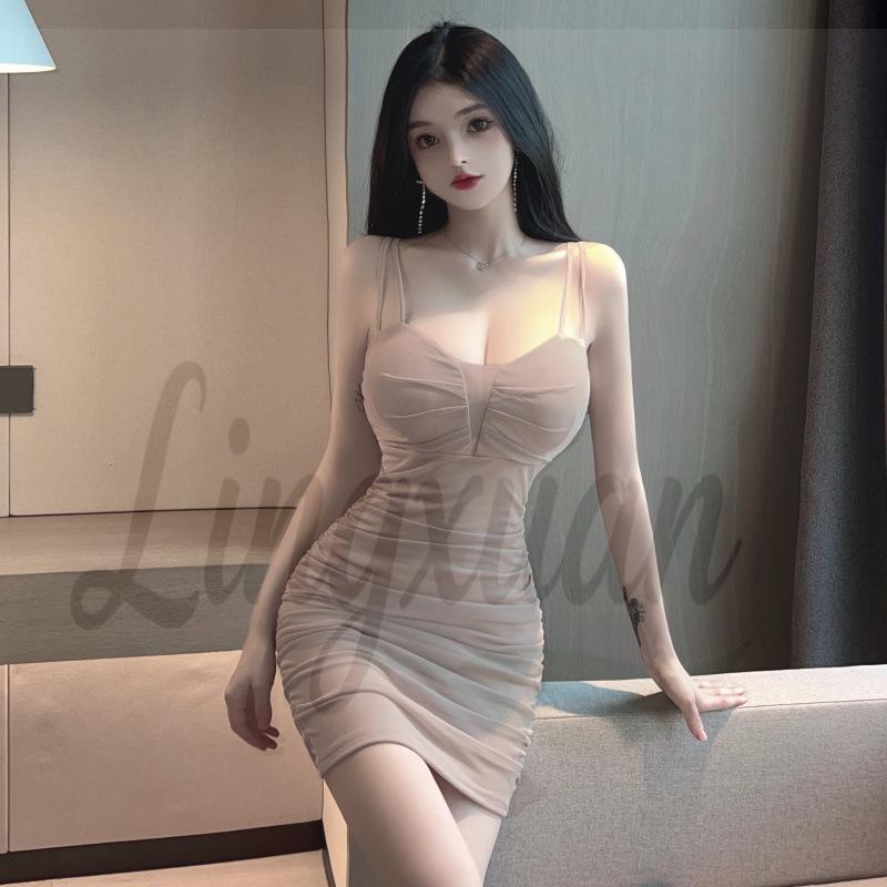 Built-in Padding Mini Dress: Pure Desire Style, Sexy Low-Cut, Spaghetti Strap, Ruched, Flaw-Covering, Slimming Bodycon Short Skirt