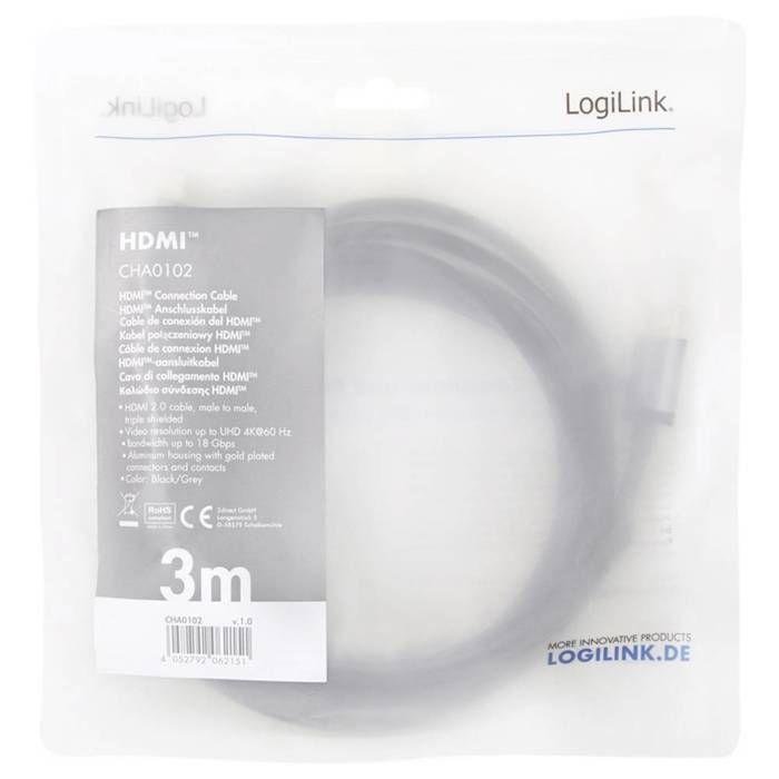 LogiLink Câble de raccordement HDMI 4K/60 Hz, aluminium, noir/gris, 3 m - CHA0102