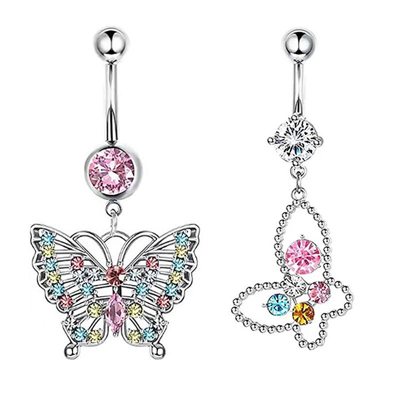 Pink Zircon Belly Button Rings Dangle Heart Butterfly Navel Piercing Stainless Steel Belly Bar For Women Body Piercing Jewelry