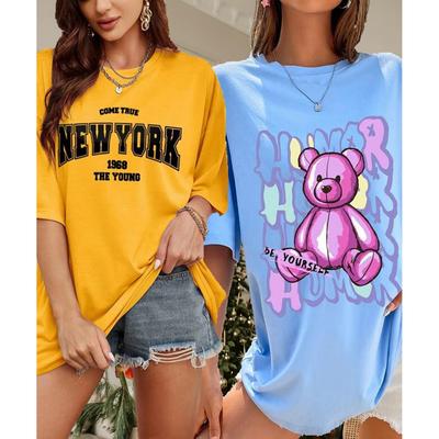 Pack Of 2 Graphic Printed Pure Cotton Top Round Neck Casual Wear Loose T Shirt