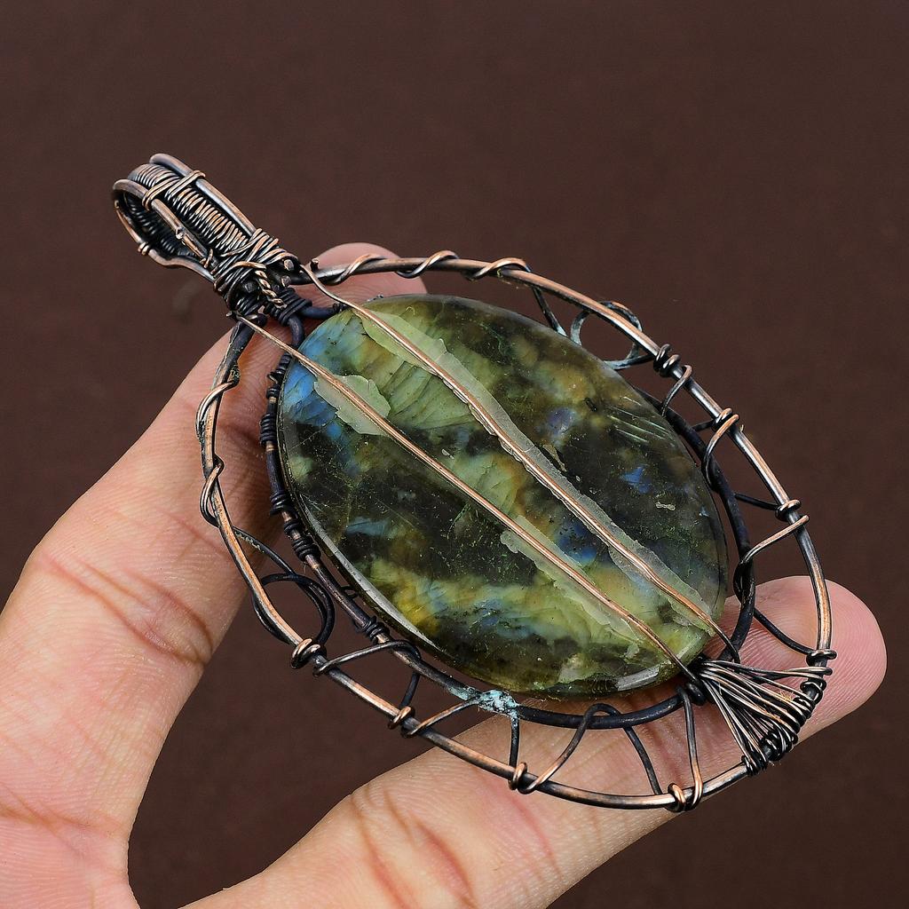 Labradorite Gemstone Copper Wire Wrap Tree Of Life Pendant 3.86"