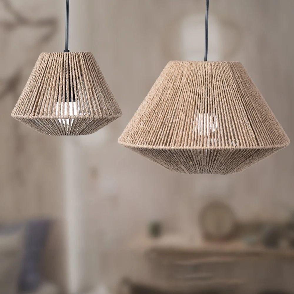 Hanging Wicker Straw Woven Lampshade Rattan Geometric Shade Light Cover Hanging Lamp Cover  Bedroom