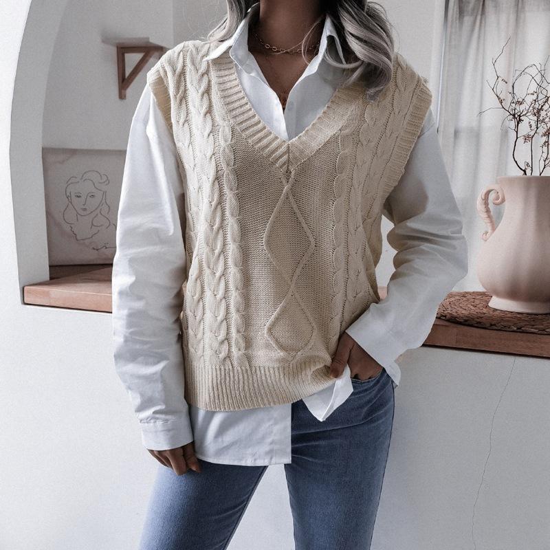 Women Spring Fall Knitted Vest Sweater Jumper Pullovers Top V-neck Twist Collar Sleeveless Loose Waist Solid Color S-L