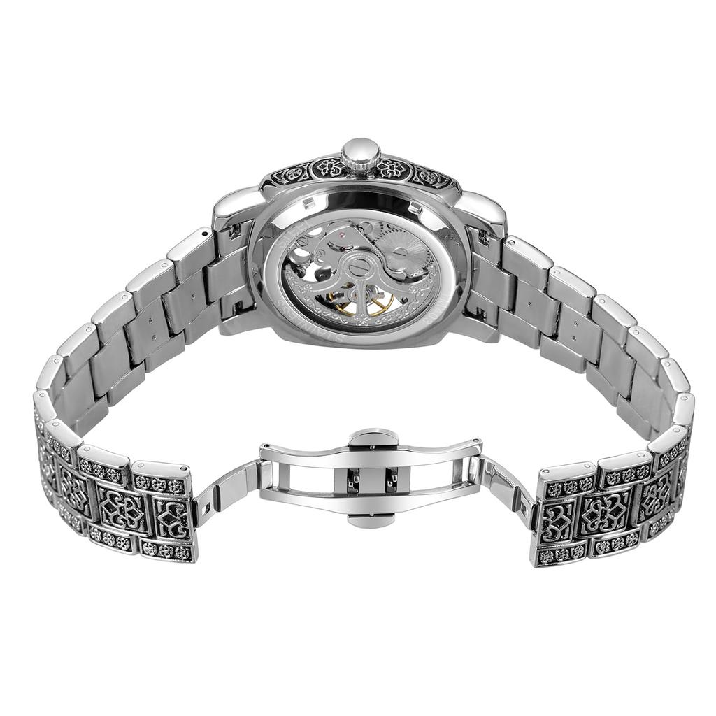 BOLYTE Skeleton Mechanical Square Vintage Engraved Steel Bracelet Deployant Retro Gift for Silver Men's Watch, Automatic, Case, & Clasp, Him,