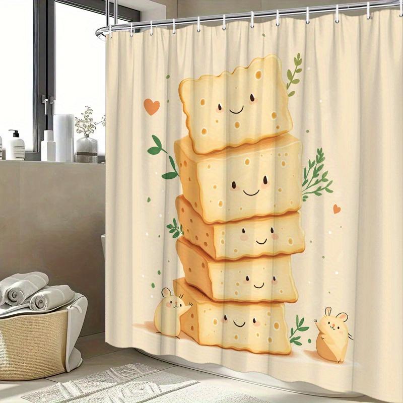 Cheese & Mice Shower Curtain – Playful Cartoon Design with Green Leaves & Hearts, Includes Hooks, Fun Bathroom Decor W90xH180cm