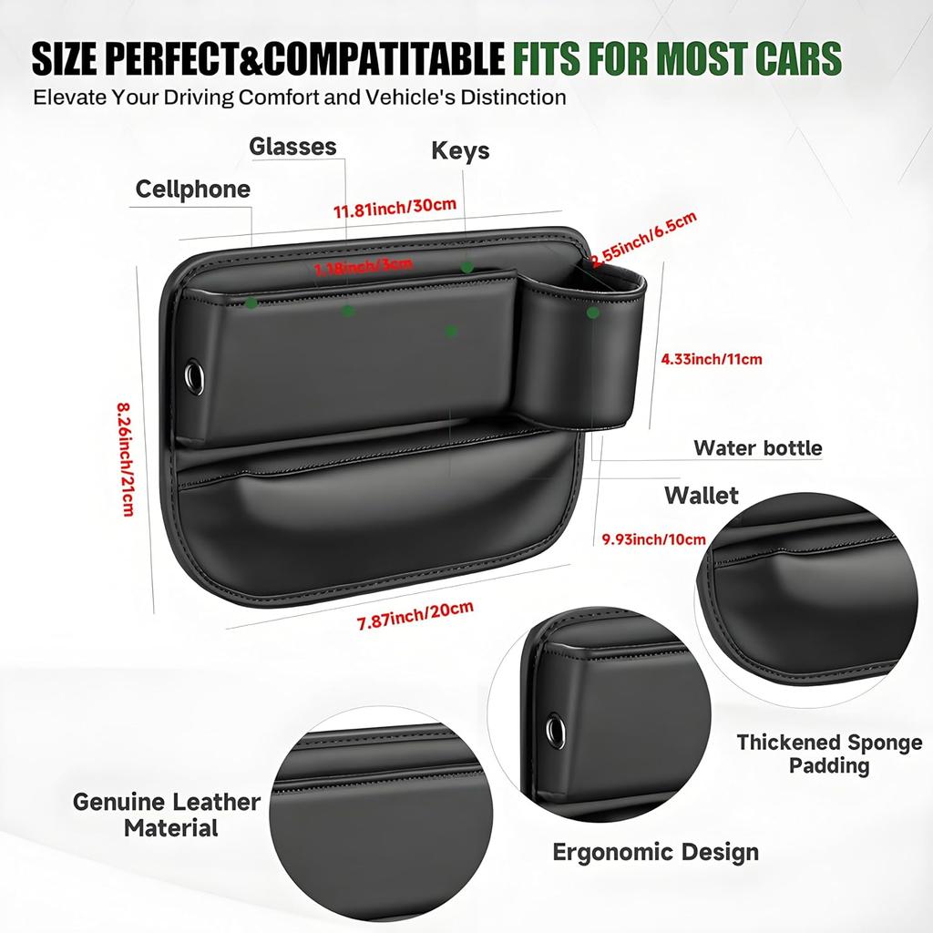 Premium Leather 2 PC Car Seat Gap Filler Organizer, Multifunctional Car Seat Organizer With Cup Holder For Drink,Car Leather Cup Holder Gap Bag Front