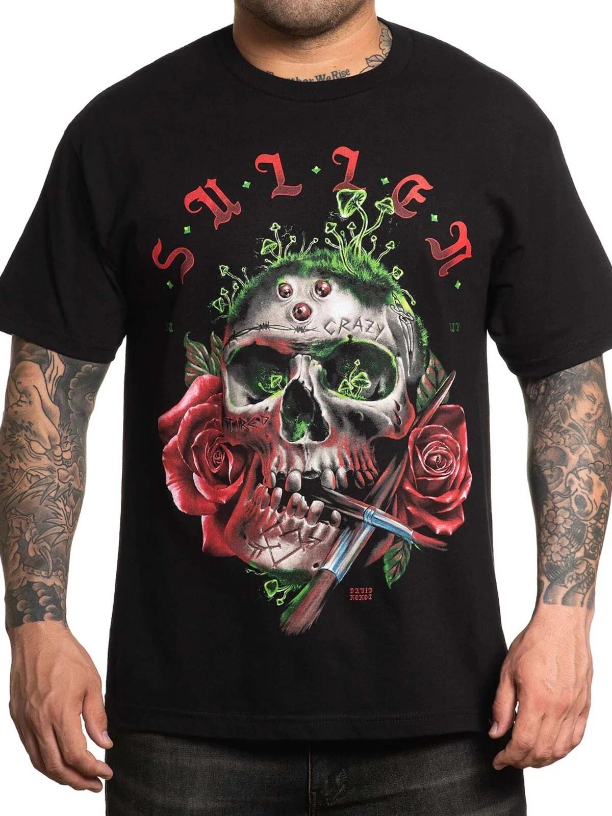 

Sullen Men s Crazy Tired Short Sleeve Standard T-shirt Skull Roses and Mushrooms S