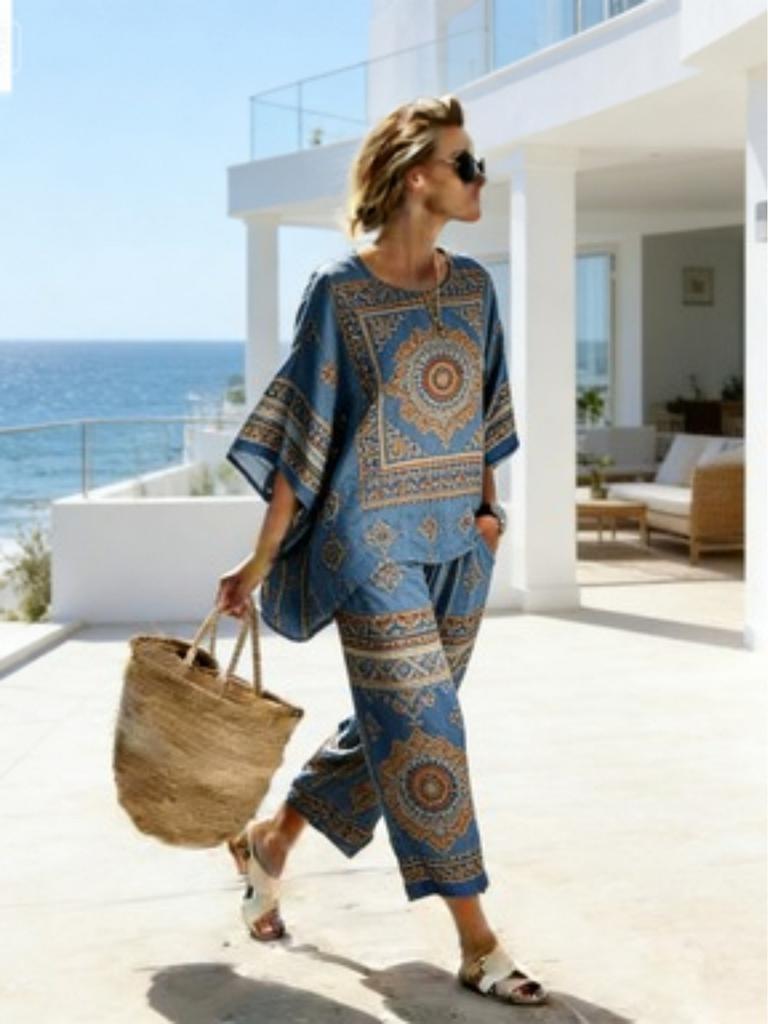 26 Summer Crew Neck Bat Sleeve Printed Two-piece Set Women's Loose Casual Top High Waist Wide Leg Pants Vacation Style Set
