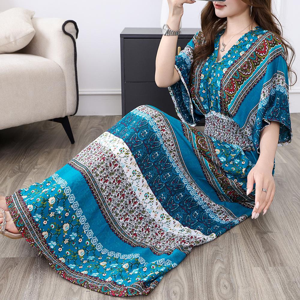 26-Year Floral V-Neck Cotton Silk Batwing Sleeve Beach Dress - Thailand Travel & Vacation Skirt Style